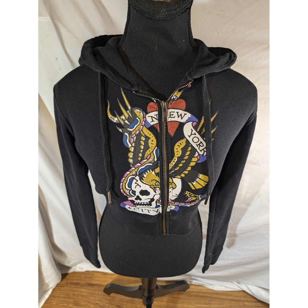 Ed Hardy Cropped Hoodie Women Size S Black Full Zip Skull Love Kills Tattoo Y2K